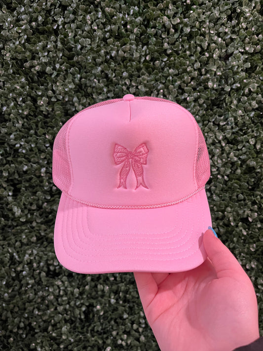 Embroidered Bow Trucker Hat, Pink