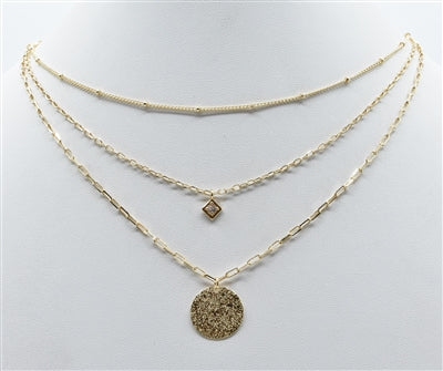 Gold Dianty Chain Triple Layered with Textured Coin 16"-18" Necklace