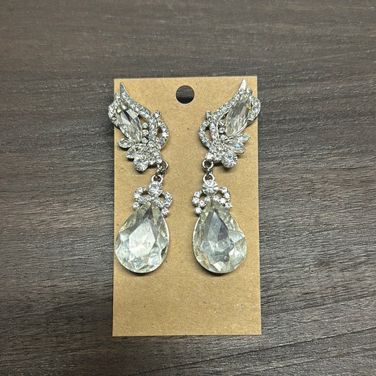 Formal Earrings Silver Base Clear Stone Winged Teardrop