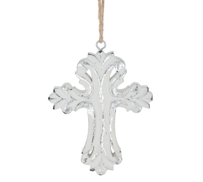 Silver Cross White Wooden Ornament