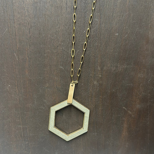 Grey Wooded Hexagon Long Gold Necklace