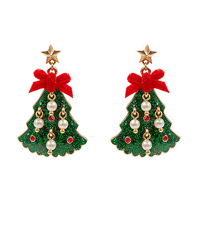 Pearl and Bow Christmas Tree Earrings
