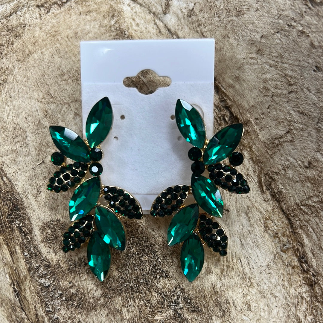 Formal Earrings Emerald Gold Leafy Small
