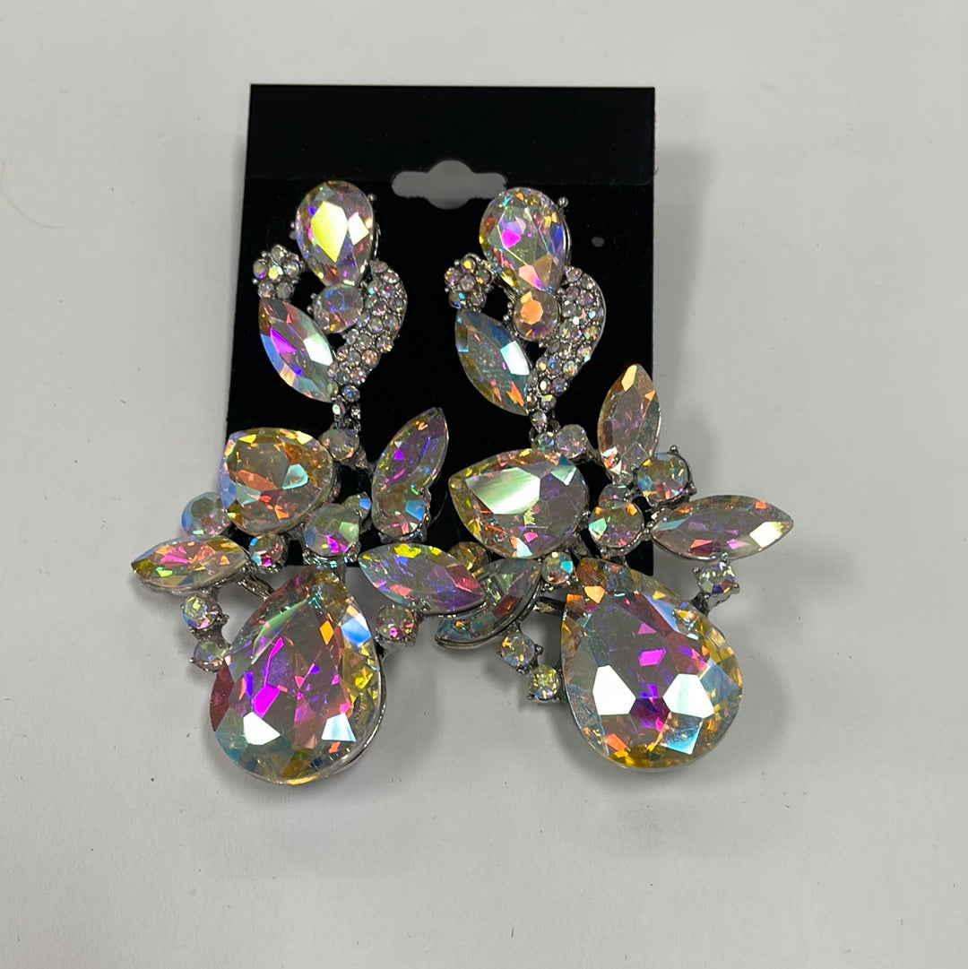 Formal Earrings Silver AB Large Stones Leafy