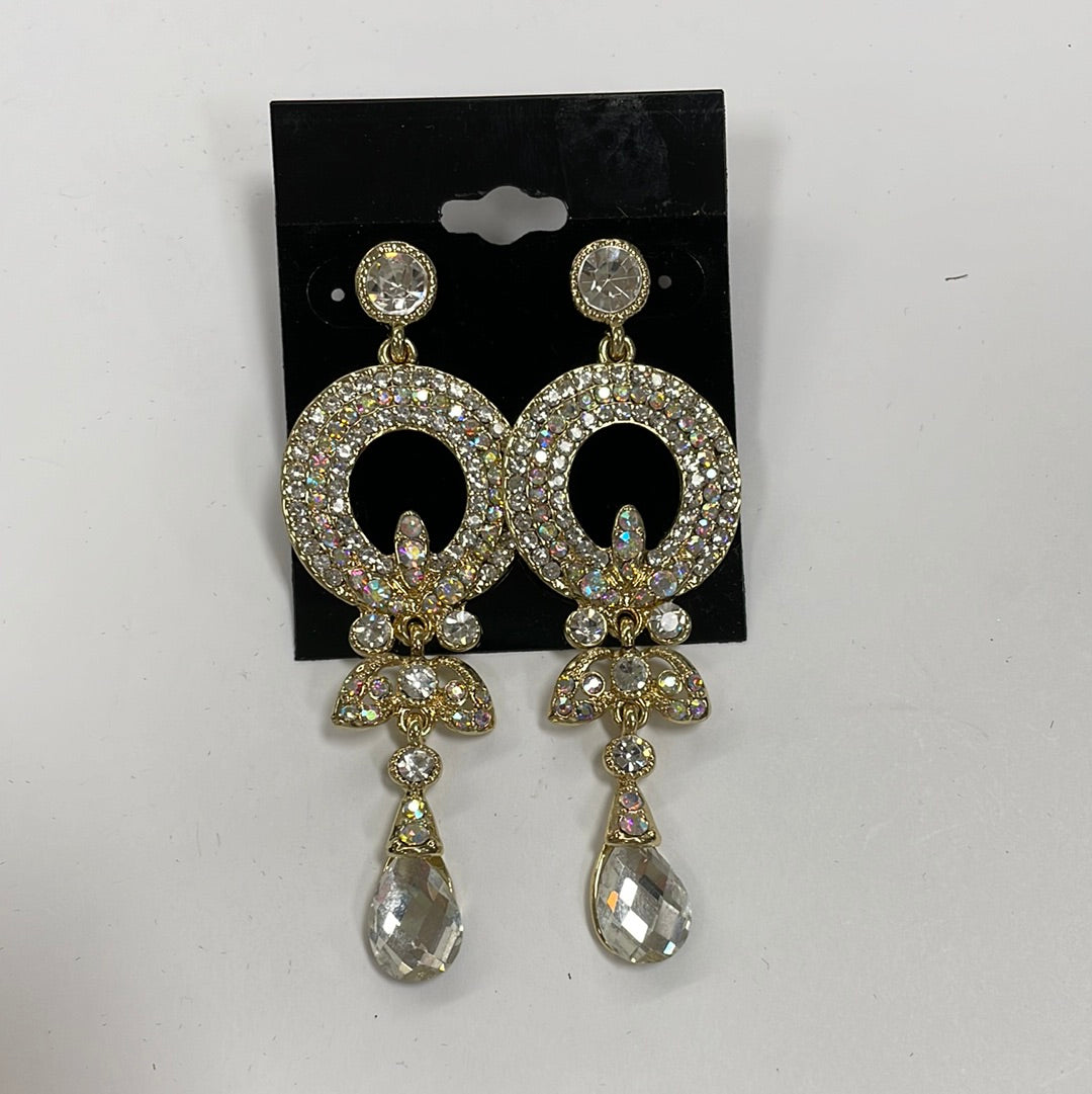 Formal Earrings Gold Clear with AB Round Middle Dangle