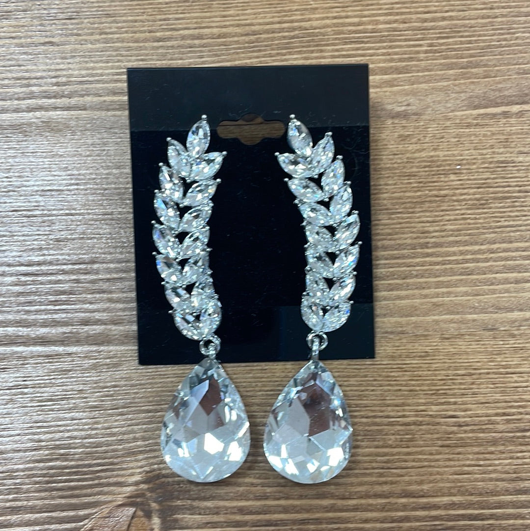 Formal Earrings Silver Clear Leafy