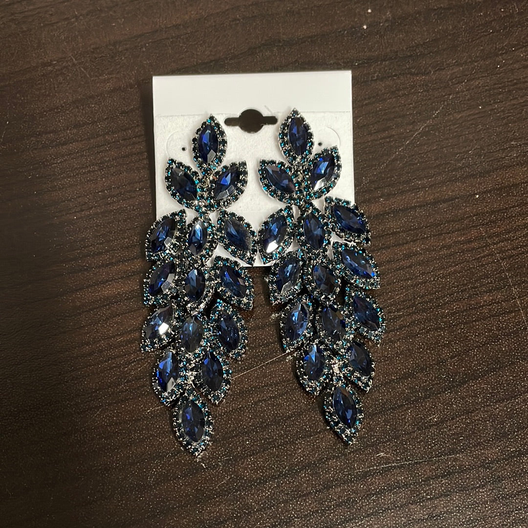 Formal Earrings Silver Base Navy Long Feather