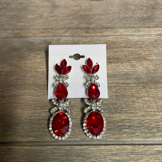 Formal Earrings Silver Base Red Leafy Stone