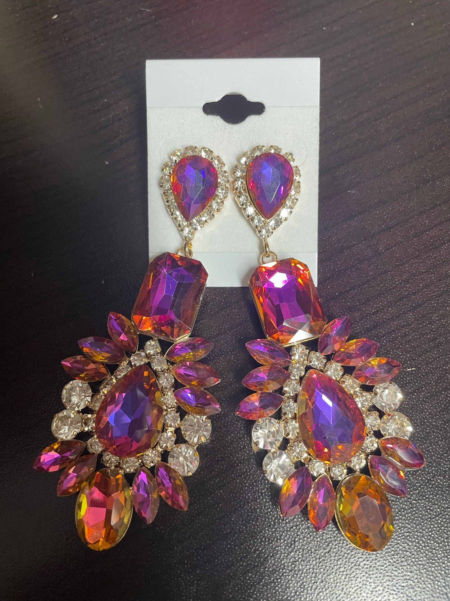 Formal Earrings Hot Pink Gold Base Multi Large Teardrop