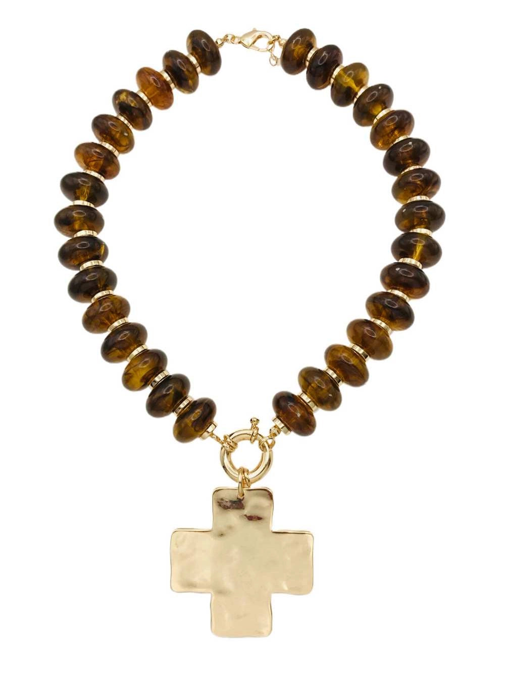 Beaded Necklace - Brown with Cross