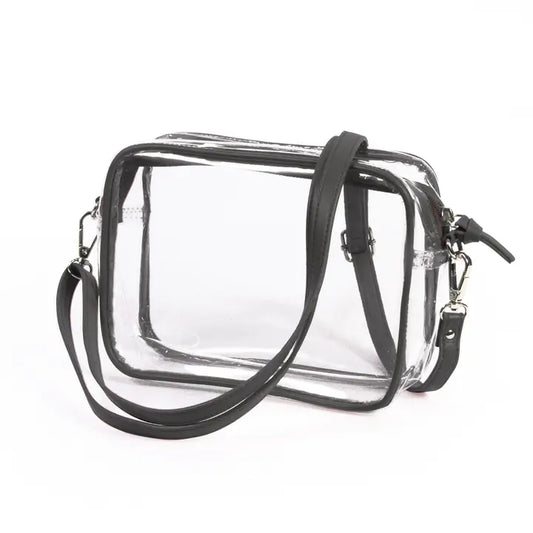 Bridget Clear Purse with Vegan Leather Trim and Straps - Black