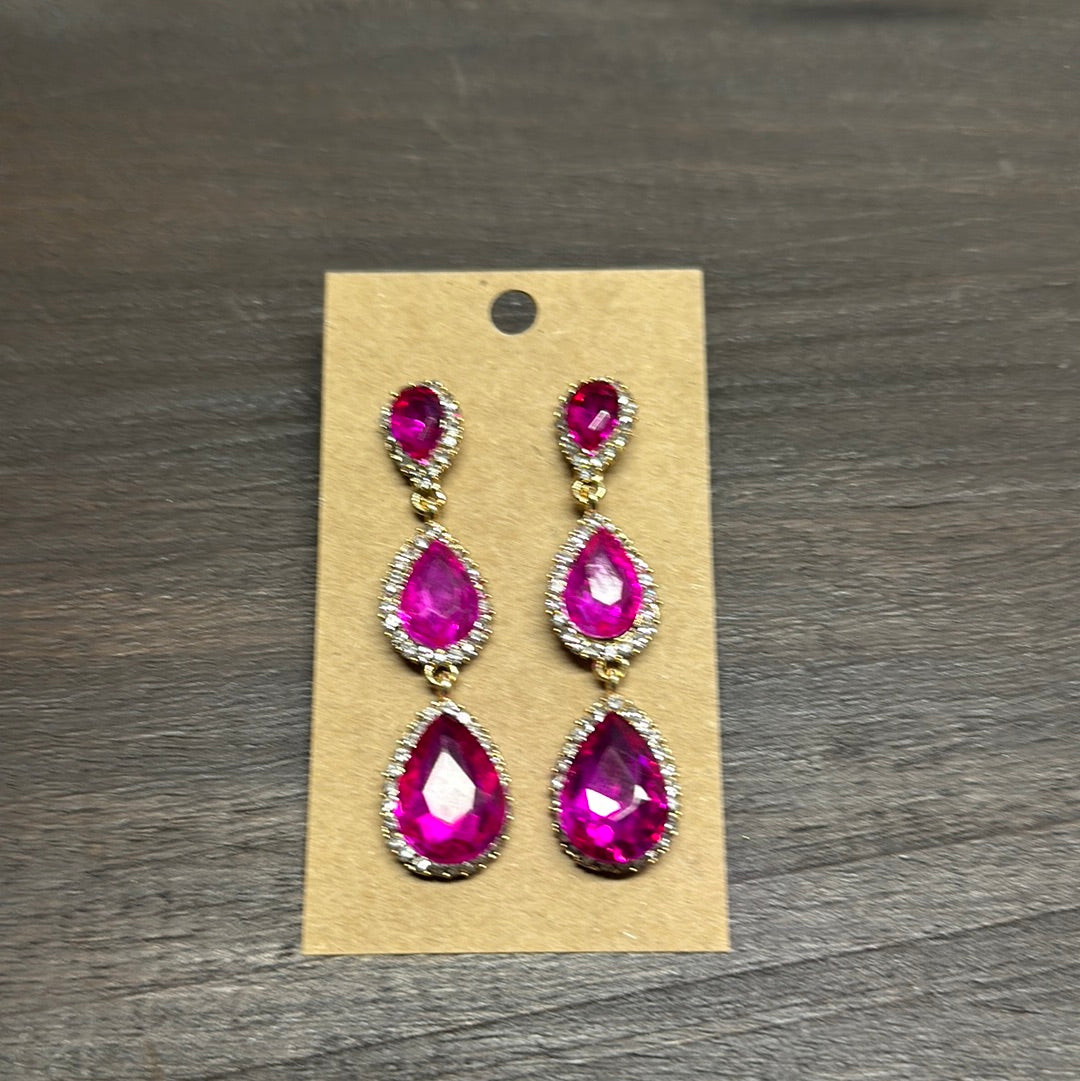 Formal Earrings Hot Pink Gold Base Silver Outlined Drop