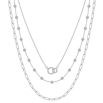 Silver Triple Layered Chain and Rhinestone Circle 16"-18" Necklace