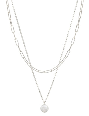 Silver Chain with Freshwater Pearl Layered16"-18" Necklace
