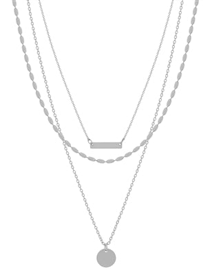Triple Layered Silver Bar with Circle Charm 16"-18" Necklace