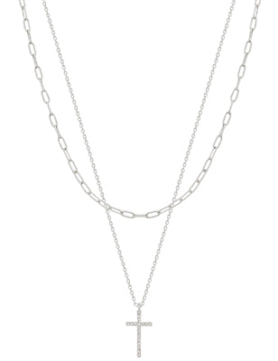 Silver Chain Layered with Rhinestone Cross Pendant 16"-18" Necklace