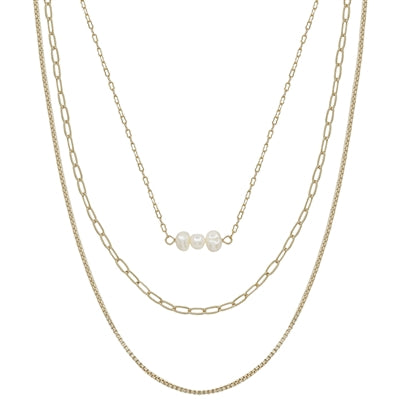 Gold Triple Chain with Freshwater Pearl Bar 16"-18" Necklace