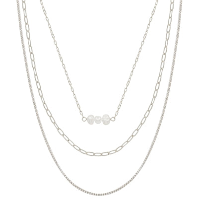 Silver Triple Chain with Freshwater Pearl Bar 16"-18" Necklace