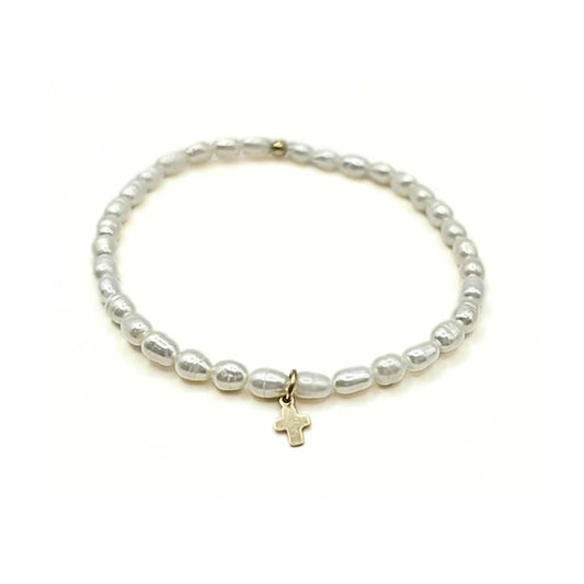 Rice Pearl Waterproof Bracelet with a Gold-Filled Luxe Cross