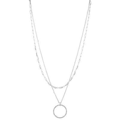 Silver Double Layer Chain Necklace with Pave Circle