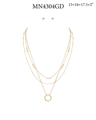 Gold Thin Triple Layered Necklace with Open Circle
