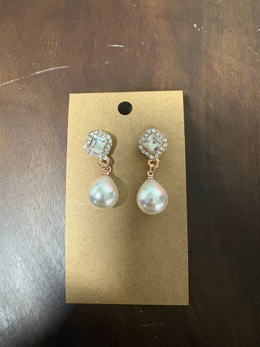 Formal Earrings Gold Base Clear Stone with Pearl Dangle