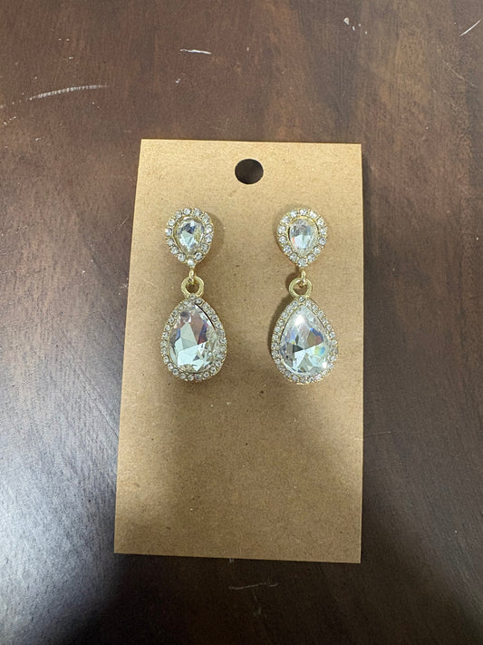 Formal Earrings Gold Base Clear Outlined Teardrop
