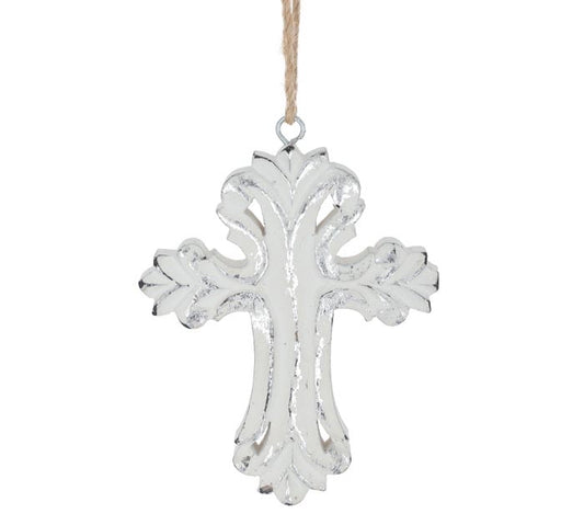 Silver Cross White Wooden Ornament