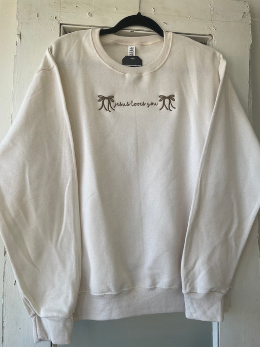 Jesus Loves You Bows Embroidered Crewneck