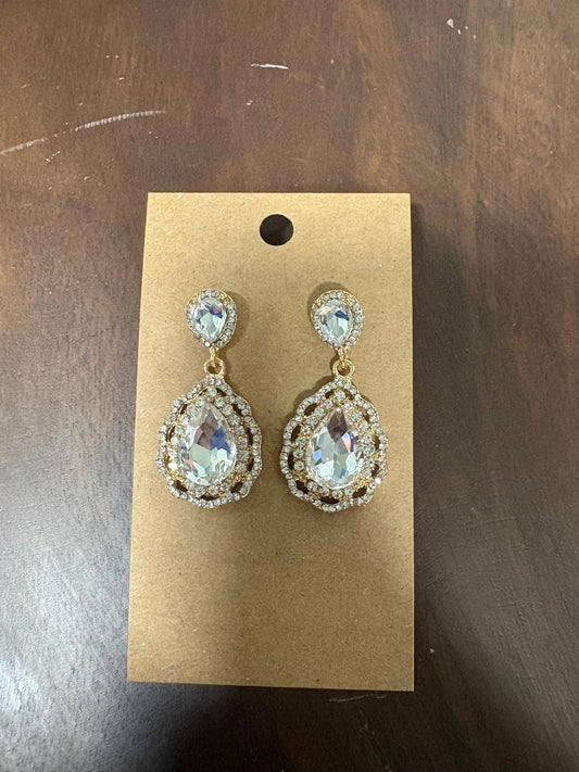 Formal Earrings Gold Base Clear Detailed Teardrop