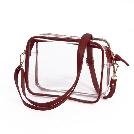Bridget Clear Purse with Vegan Leather Trim and Straps - Maroon