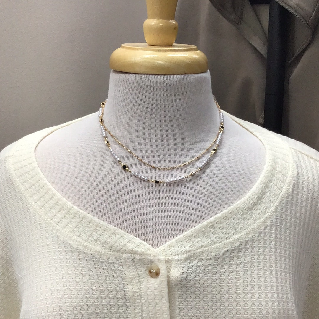 Gold Chain Layered with Pearl and Black Crystals Necklace
