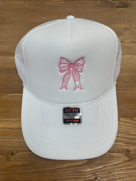 Embroidered Bow Trucker Hat, White