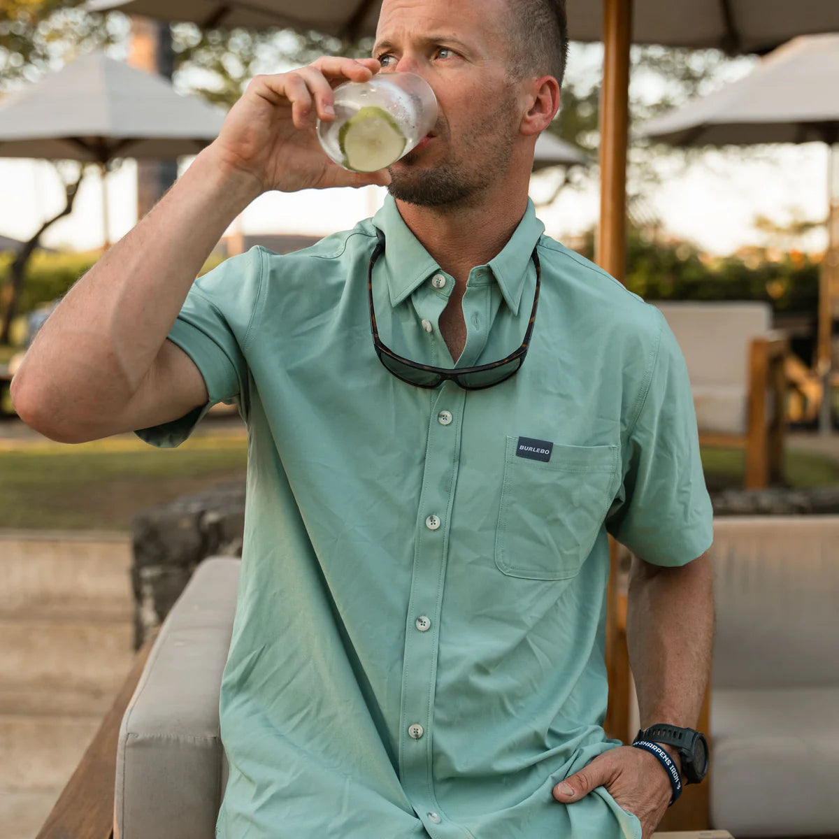 Burlebo Performance Button Up- Ocean Swell