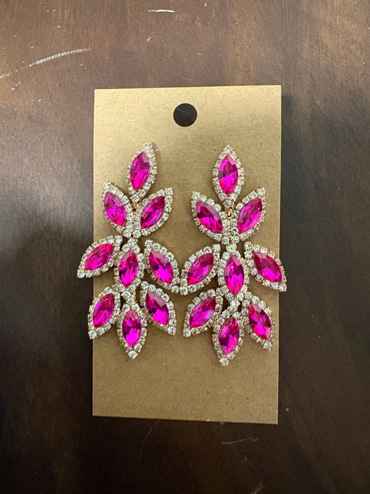 Formal Earrings Hot Pink Gold Base Silver Outlined Cluster Dangle