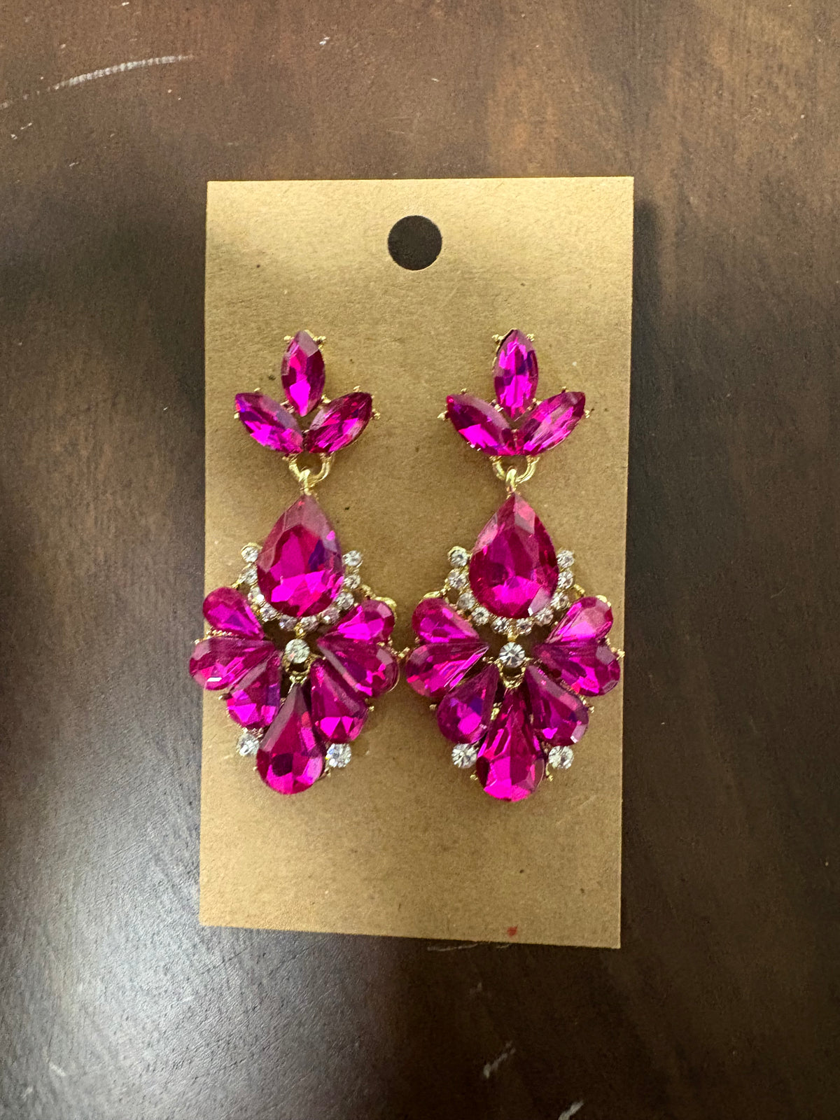 Formal Earrings Hot Pink Gold Base Teardrop Cluster Dangle