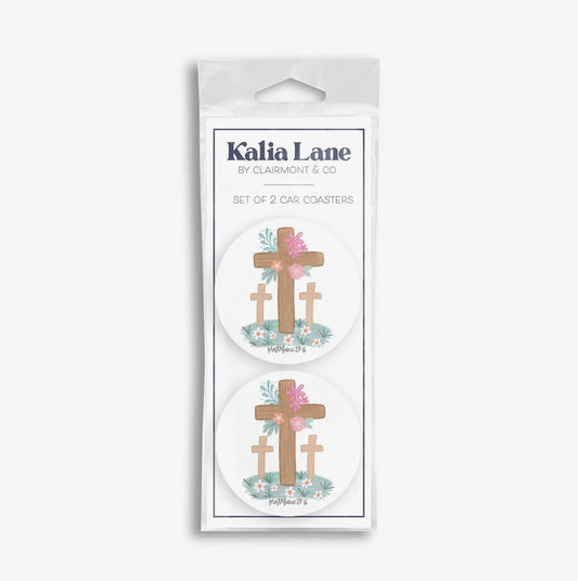 Matthew 28:6 Floral Cross 2-Pack Car Coaster