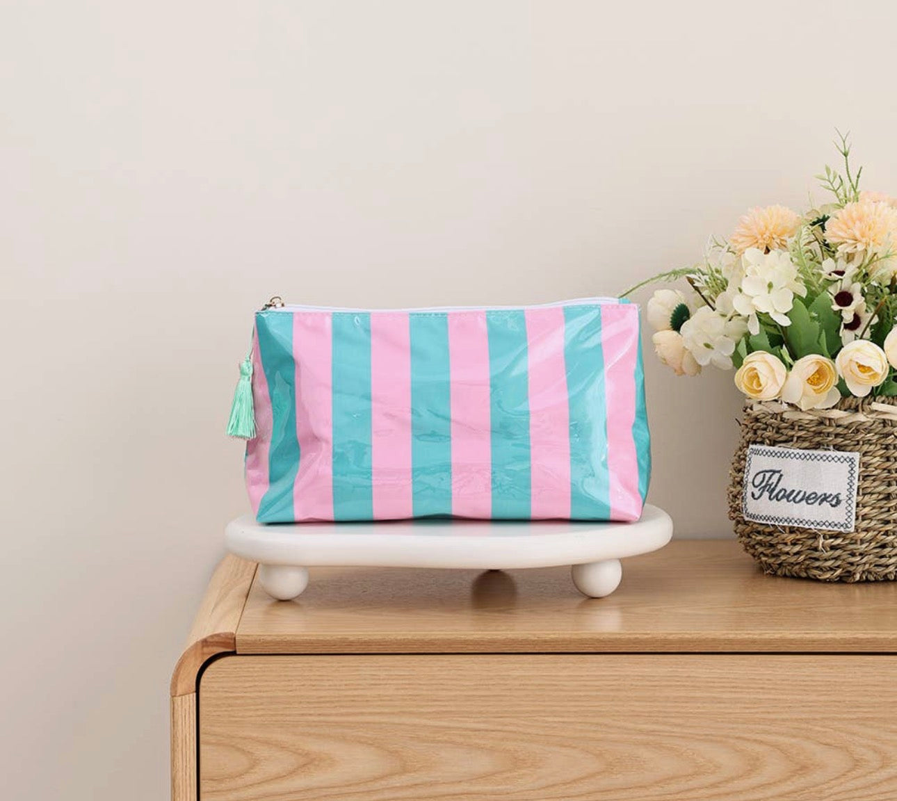Stripe Waterproof Cosmetic Case - Pink/Green