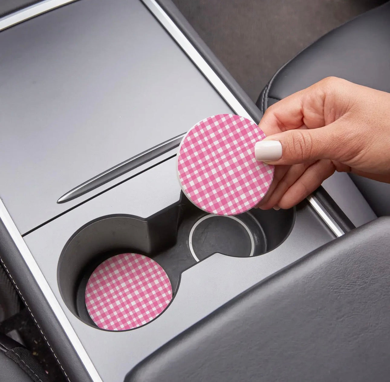 Pink Plaid 2-Pack Car Coaster