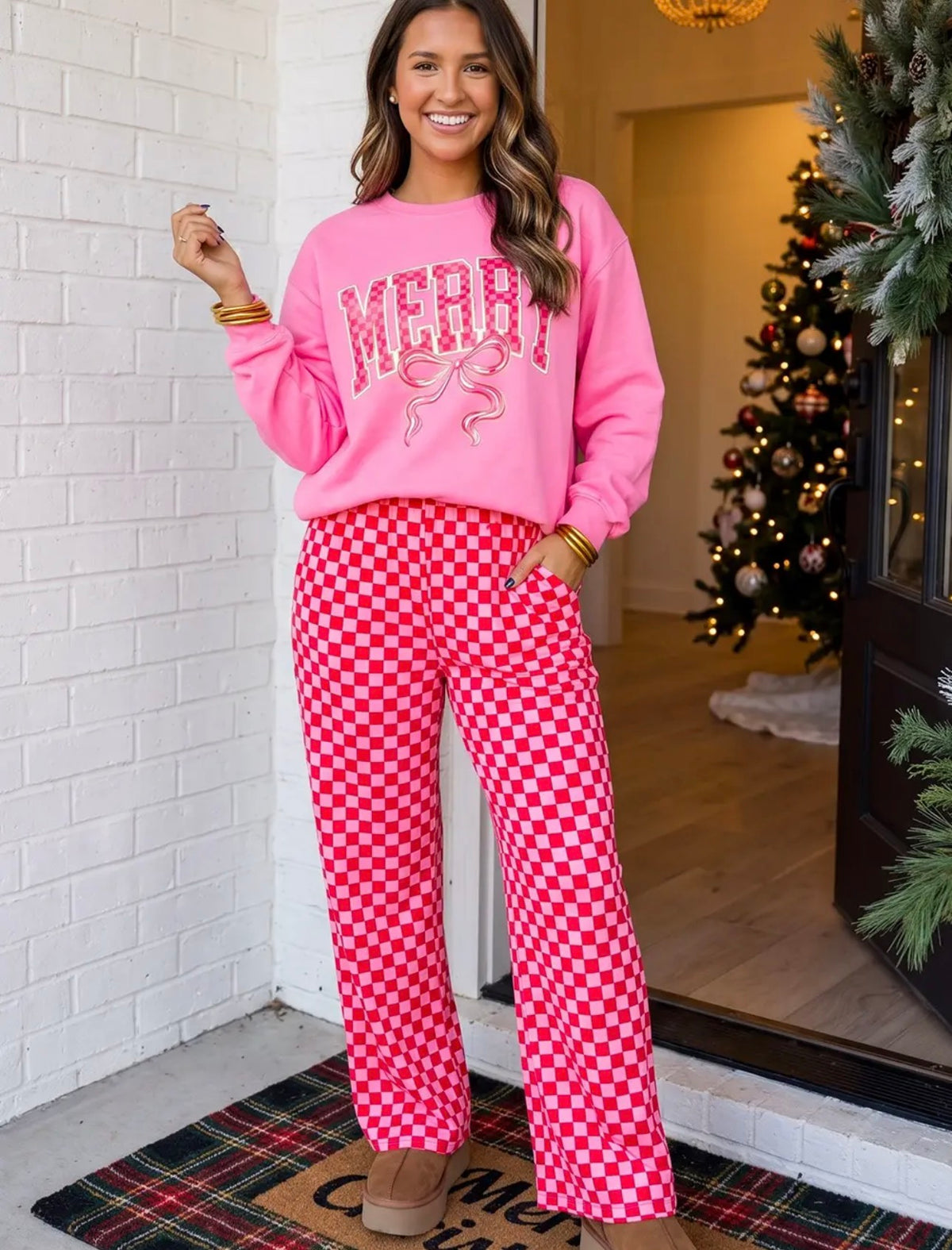 Merry Checkered Pants Set - Pink