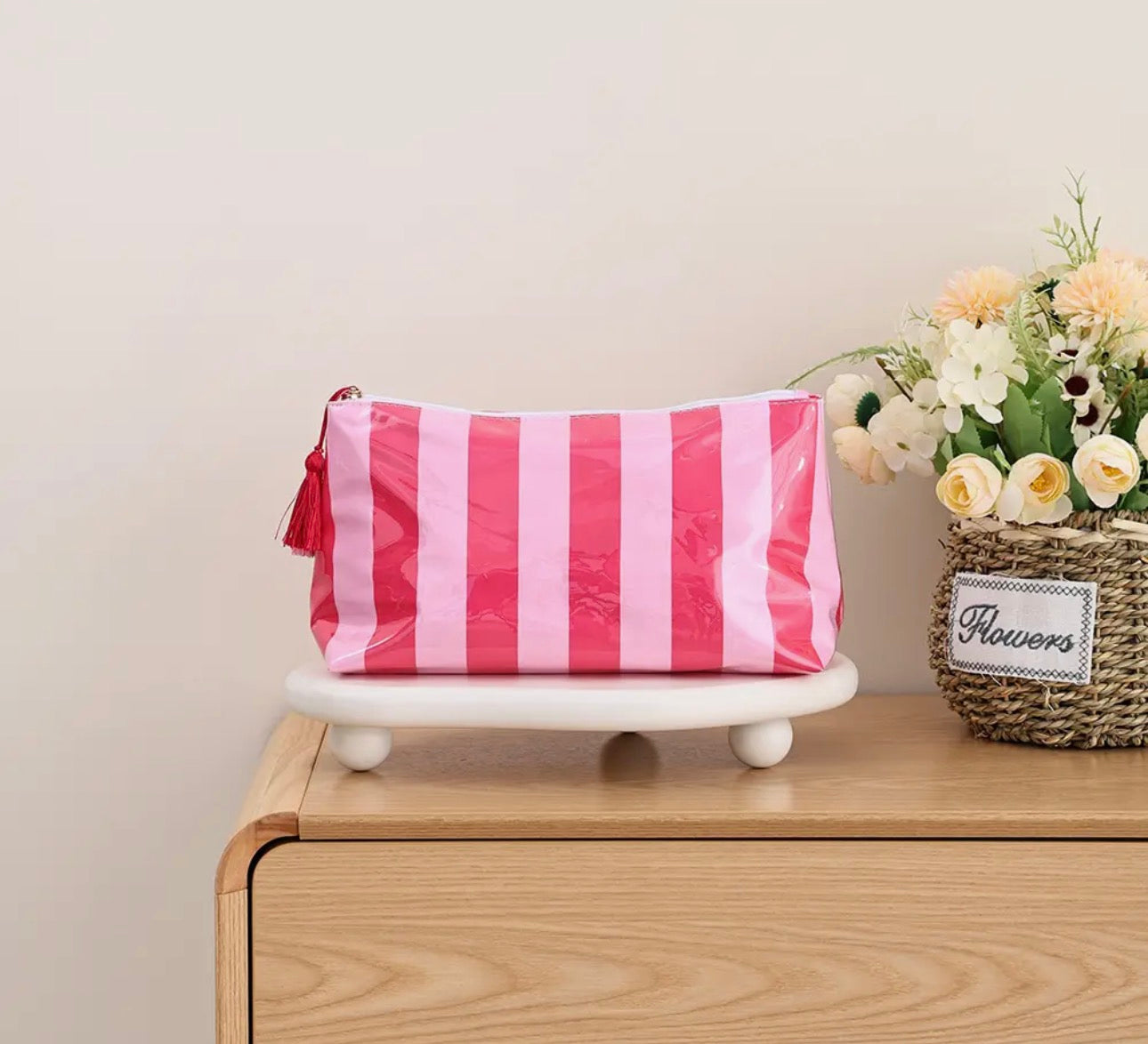 Stripe Waterproof Cosmetic Case - Pink/Red