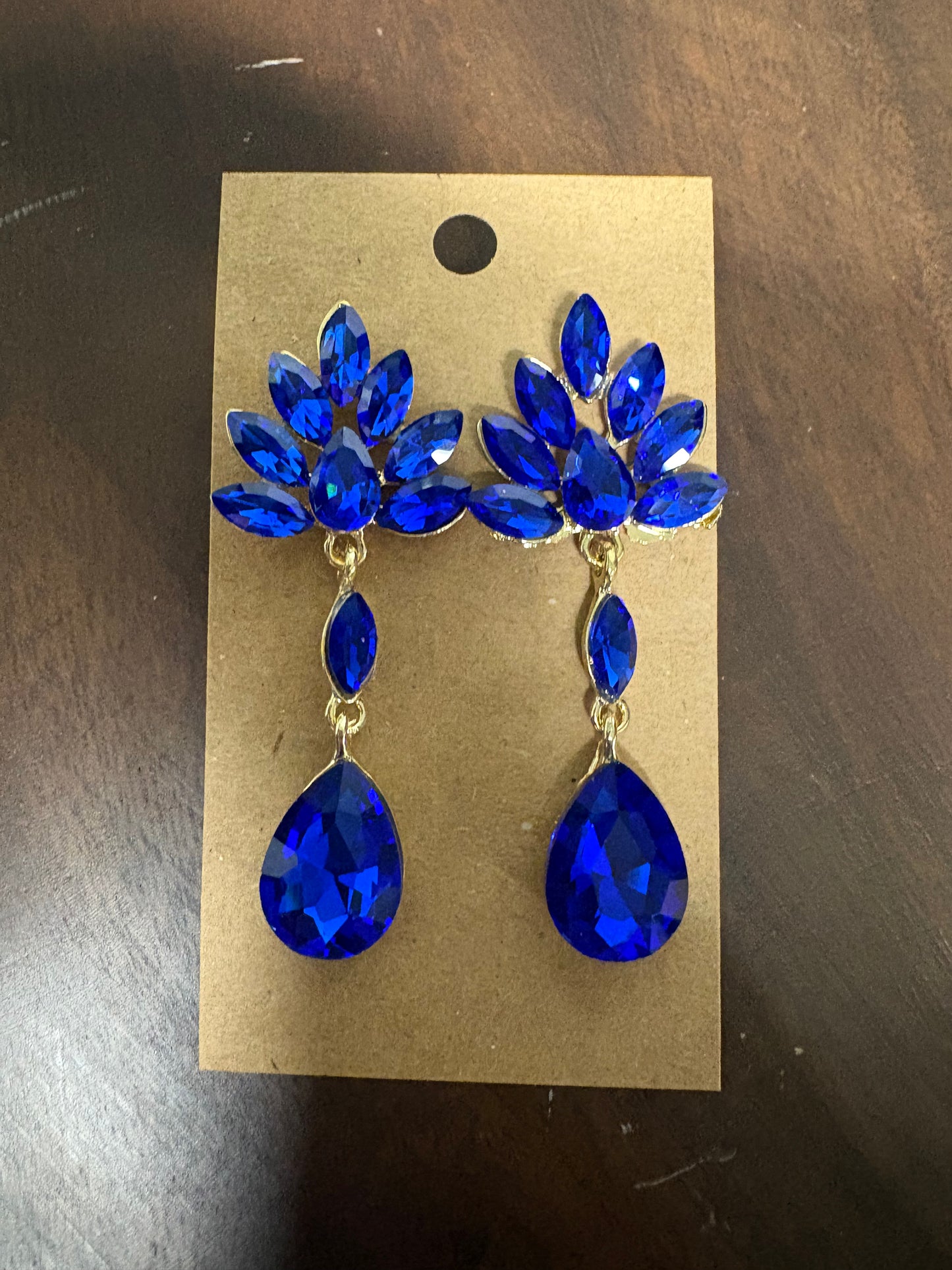 Formal Earrings Gold Base Royal Blue Peacock Teardrop Dangle