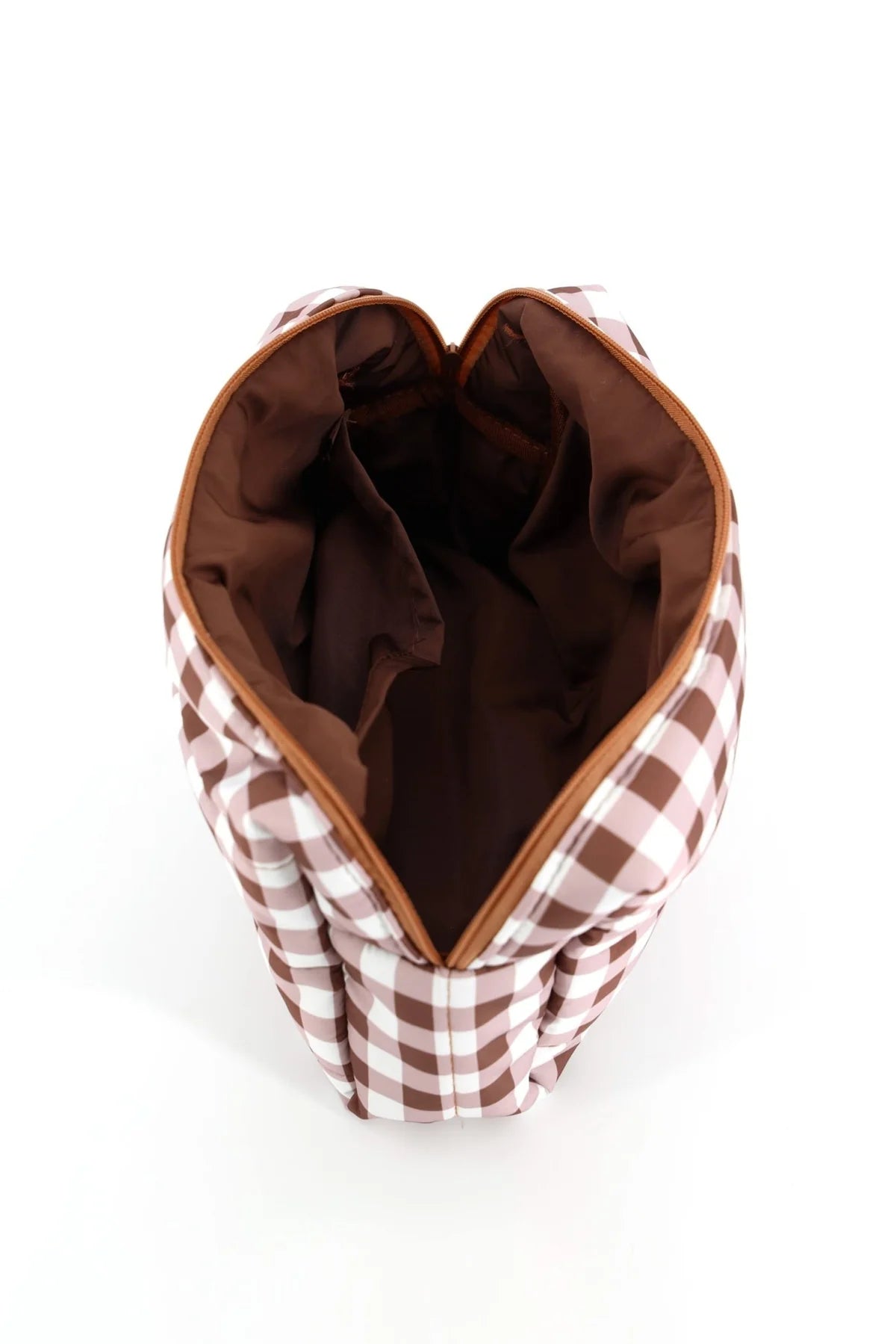 Gingham Quilted Puffer Pouch - Brown