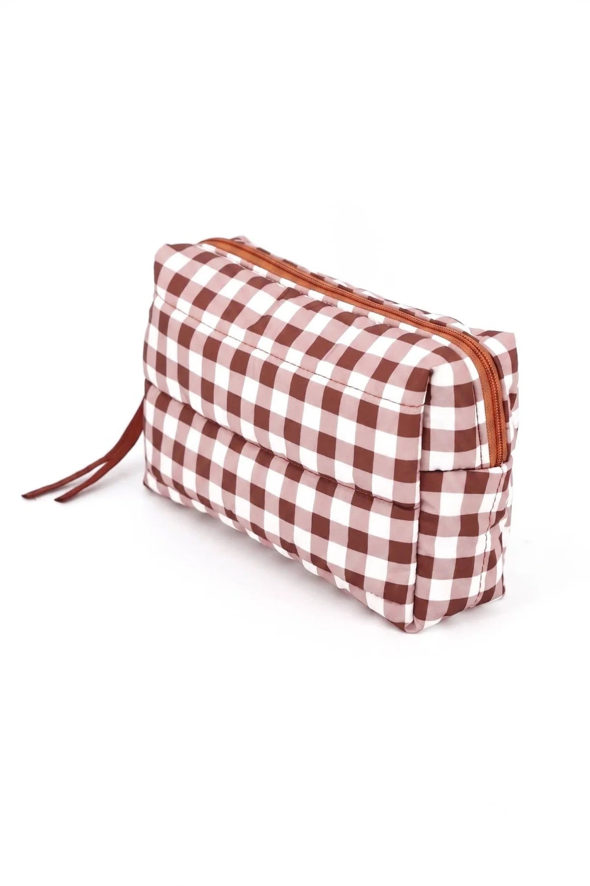 Gingham Quilted Puffer Pouch - Brown
