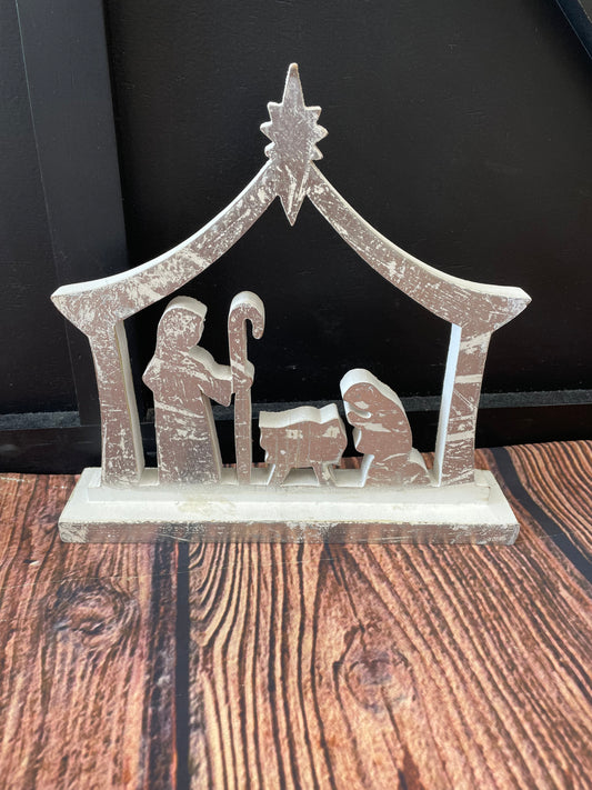 Silver Wood Nativity Scene Shelf Sitter