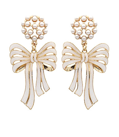 Christmas Pearl Bow Earrings - White