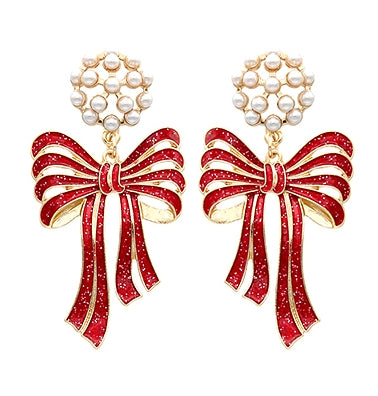 Christmas Pearl Bow Earrings - Red