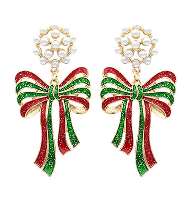 Christmas Pearl Bow Earrings - Red/Green