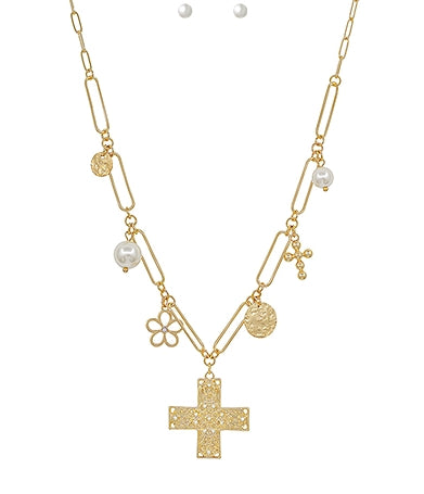 Pearl Cross Charm Necklace