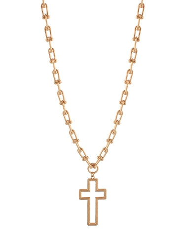 Outlined Cross Necklace Worn Gold